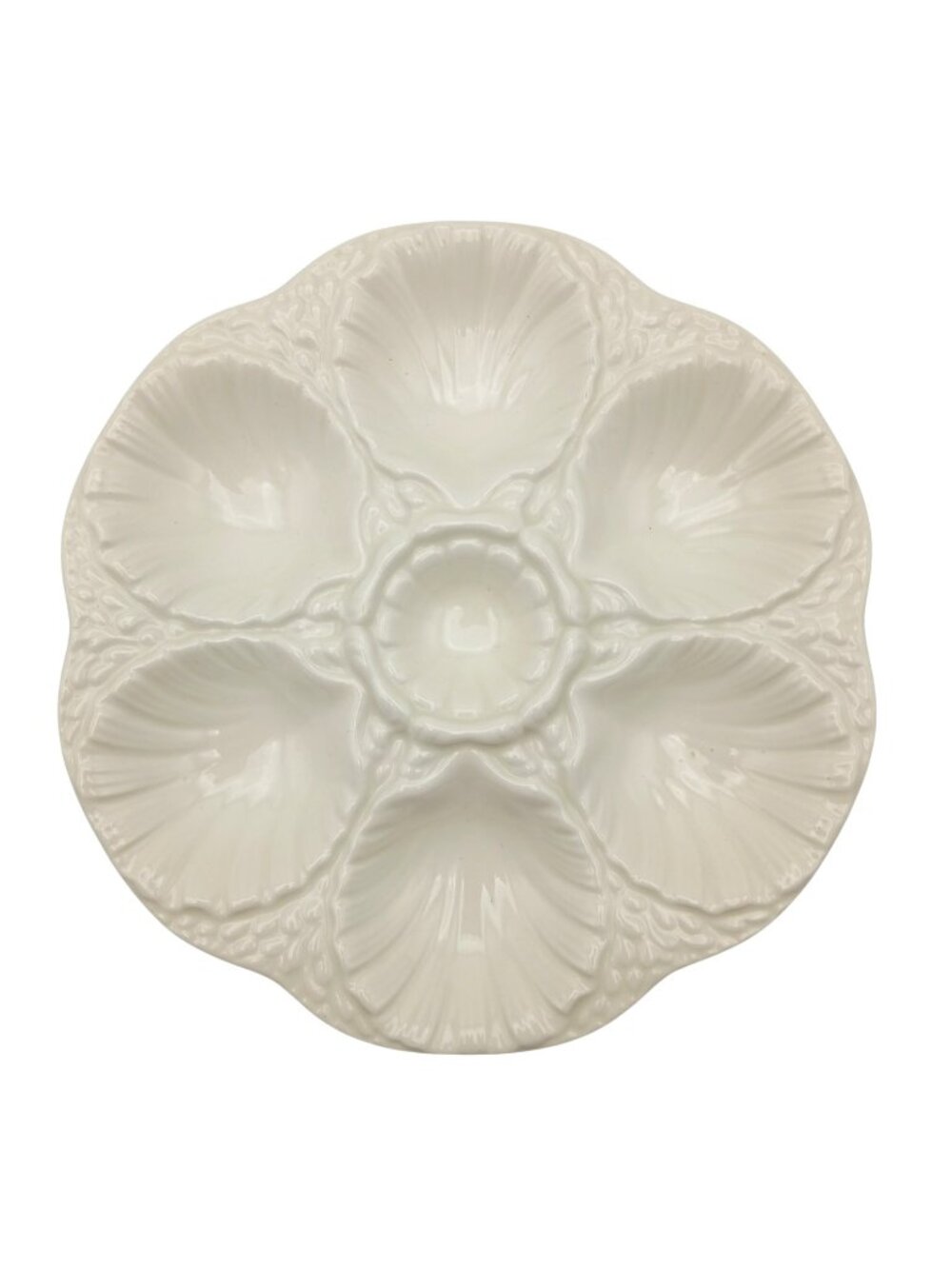 Vintage White Majolica French Style Oyster Plate 6 Well Shell Form Ceramic 9"